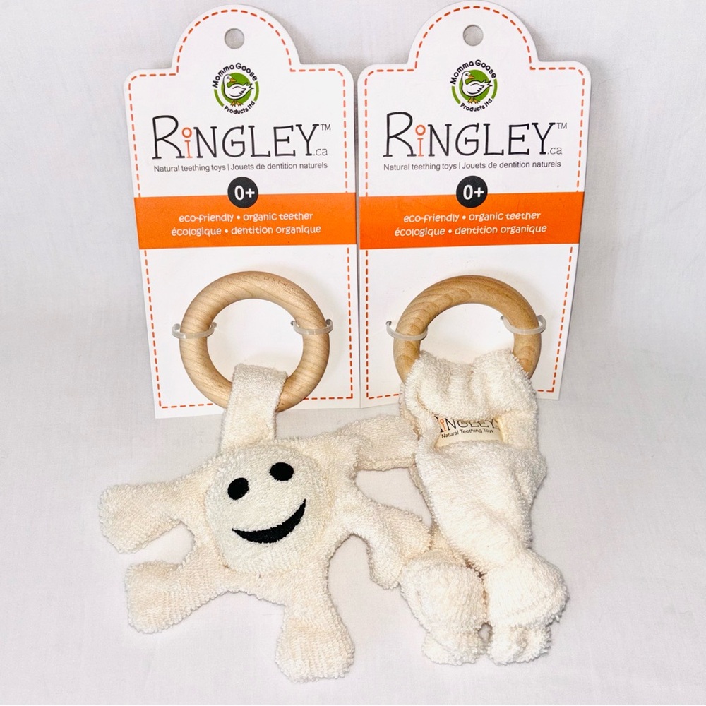 Ringley Organic Teether Maple Wood Teething Ring Cotton Terry Cloth Set of 2 NEW